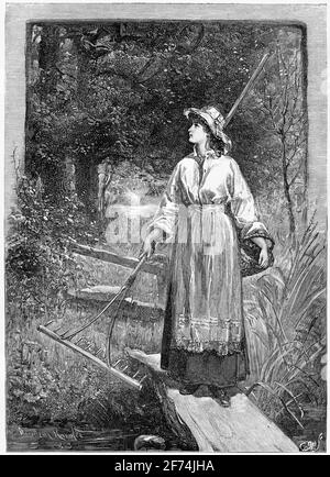 Eingraviertes Porträt einer jungen Frau auf dem Weg zu Die Felder mit einem Heurechen Stockfoto