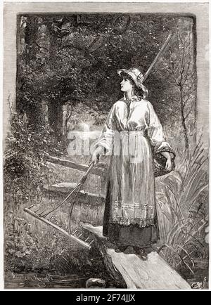 Eingraviertes Porträt einer jungen Frau auf dem Weg zu Die Felder mit einem Heurechen Stockfoto