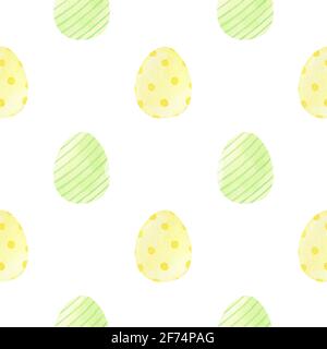 Ostern nahtloses Muster mit dekorierten gelben und grünen Eiern. Handgezeichnete Aquarell-Illustration in Pastellfarben. Perfekt zum Einwickeln von Papier, Stoff Stockfoto