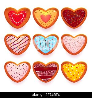 Lebkuchenkekse in Form von Herz, Cartoon-Süßigkeiten für Valentinstag oder Dating. Dekoriertes Gebäck mit Glasur und Streuseln, Love-Symbole isoliert auf weißem Hintergrund, Vektor-Illustration, Set Stock Vektor