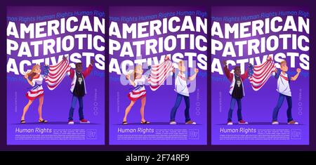 Poster amerikanischer patriotischer Aktivisten mit Menschen, die die US-Flagge halten. Vektor-Flyer mit Cartoon-Illustration von Frau und afroamerikanischem Mann auf Demonstration für Menschenrechte Stock Vektor