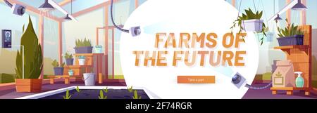 Poster zu Farmen der Zukunft. Konzept von Smart Farming, Anbautechnologien und Innovationen. Vektor-Banner mit Cartoon-Illustration von Glasgewächshaus mit Pflanzen, Bewässerung und Monitoring-System Stock Vektor