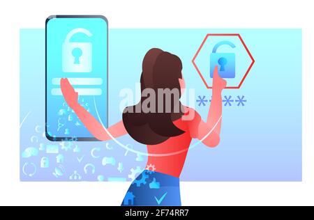 Frau, die das Passwort auf dem Smartphone-Bildschirm eingibt, um das Vorhängeschloss für mobile Apps zu schützen Datenschutzsicherheitskonzept Stock Vektor