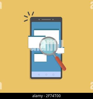 Online-Analyse Überprüfung der Rechtsdokumente, finden oder suchen auf Handy. Scannen oder Prüfen von Dateiordnerdokumenten auf dem Mobiltelefon. Stock Vektor