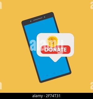 Smartphone mit Goldmünze und Taste auf dem Smartphone-Bildschirm. Spenden Online-Konzept. Stock Vektor