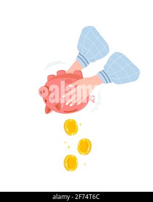 Sparschwein mit fallenden Goldmünzen. Weibliche Hände schütteln Münzbox. Taschengeld-Konzept. Finanzsymbol. Bank- oder Geschäftsdienste. Vektor Stock Vektor