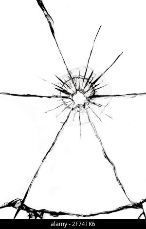 Textur von Rissen auf dem Glas aus dem Schuss. Gesprungenes Glas für das Design. Risse auf weißem Hintergrund. Stockfoto