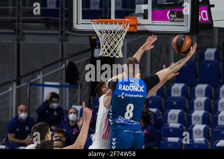 Madrid, Spanien. April 2021. Dino Radoncic (blau #8) während des Real Madrid Sieges über Acunsa GBC 97 - 71 in Liga Endesa regulären Saison Spiel (Tag 29) gefeiert in Madrid (Spanien) im Wizink Center. April 2021. (Foto von Juan Carlos García Mate/Pacific Press) Quelle: Pacific Press Media Production Corp./Alamy Live News Stockfoto