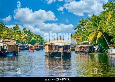 In den ruhigen Nebengewässern des südlichen Staates Kerala, Indien, fahren überdachte Lastkähne entlang eines engen Kanals, der von Kokospalmen gesäumt ist. Stockfoto