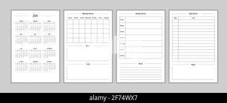 2025 Kalender und tägliche wöchentliche persönliche Planer Tagebuchvorlage im klassischen strengen Stil. Monatskalender individueller Zeitplan Minimalismus zurückhaltendes Design für Business-Notebooks. Die Woche beginnt am sonntag Stock Vektor