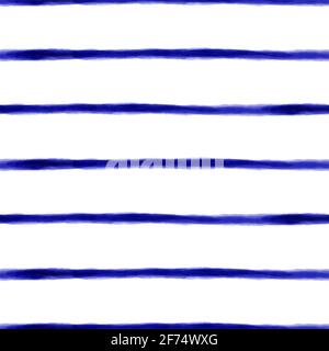 Blau Aquarell nahtlose Streifen Muster Hintergrund. Dunkelkönigsblaue Tintenstreifen dünn horizontal auf weißem Muster. Hochwertige Fotos. Stockfoto