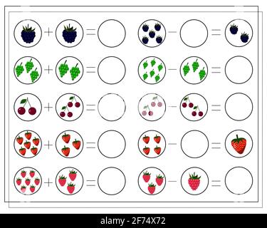 Math-Spiel für Kinder zählen, wie viele von ihnen gibt es. Himbeeren, Erdbeeren, Brombeeren, Trauben, Kirschen. Stock Vektor