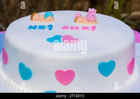 Junge oder Mädchen Baby Party Kuchen close-up Stockfoto