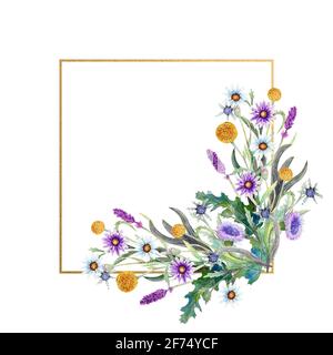 Romantischer Rahmen. Wildblumen in Aquarell. Hochzeitskonzept mit Blumen. Blumenposter, Einladung. Aquarell-Arrangements für Grußkarte oder Stockfoto