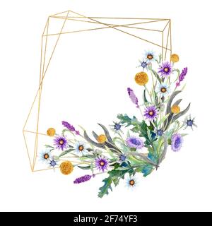 Romantischer geometrischer Rahmen. Wildblumen in Aquarell. Hochzeitskonzept mit Blumen. Blumenposter, Einladung. Aquarellarrangements zur Begrüßung Stockfoto