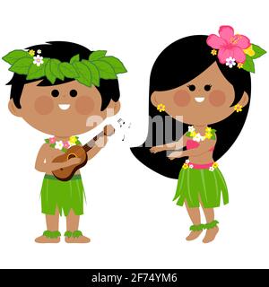 Hawaiianische Kinder spielen Musik und Hula tanzen. Stockfoto