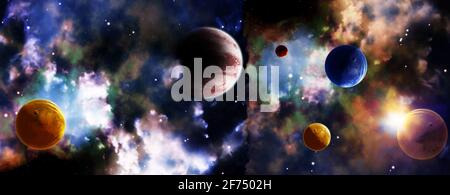 Horizontales Galaxienbanner. Eine wunderschöne Raumszene mit Sonne, Planeten und Nebel. Elemente dieses Bildes, die von der NASA eingerichtet wurden. 3D Rendern Stockfoto