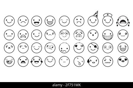 Sammlung von Emoticons mit unterschiedlicher Stimmung. Set von Cartoon Emoji Gesichter in verschiedenen Ausdrücken - glücklich, traurig, weinen, Angst, verrückt. Abbildung in Schwarz Stock Vektor
