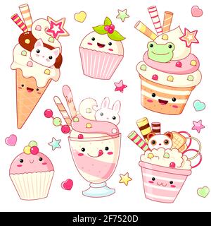 Set von niedlichen süßen Ikonen in Kawaii Stil mit lächelndem Gesicht und rosa Wangen für süße Design. Eis, Kuchen, Eisbecher für Kinder, Cupcake, Fruchtcocktail. EPS Stock Vektor