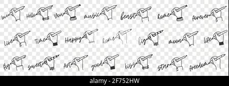 Schreiben von menschlichen Hand Doodle-Set. Sammlung von Hand gezeichnet menschlichen Hand schriftlich verschiedene Worte Liebe Freiheit Sie für immer gut süß fliegen glücklich Kunst nach Hause Zeit live hallo isoliert auf transparentem Hintergrund Stock Vektor