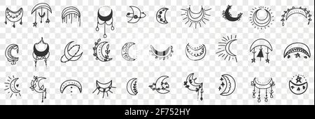 Monde als Zubehör Doodle Set. Sammlung von handgezeichneten eleganten Monden und Sternen als Dekorationen und Accessoires für die innere Schönheit isoliert auf transparentem Hintergrund Stock Vektor