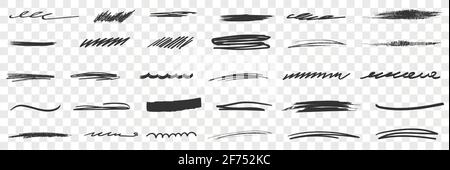 Dicke und dünne Scribbles Linien Zeichnungen Doodle Set. Sammlung von handgezeichneten Scribbles verschiedener Muster und Dickenlinien geometrische Formen isoliert auf transparentem Hintergrund Stock Vektor