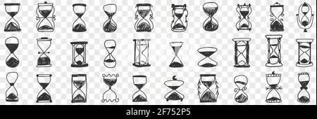 Sanduhren in Reihen Doodle Set. Sammlung von handgezeichneten verschiedenen Sanduhren mit Sand Symbol der Zeit isoliert auf transparentem Hintergrund Stock Vektor