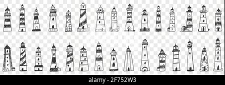 Leuchtturm Gebäude im Meer Doodle Set. Sammlung von handgezeichneten verschiedenen Fassaden von Leuchtturmgebäuden im Meer oder Meer glänzende Lichter isoliert auf transparentem Hintergrund Stock Vektor