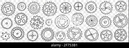 Kreis Zahnräder mit Mustern Doodle Set. Sammlung von handgezeichneten verschiedenen Zahnräder Mechanismen mit Mustern und verschiedenen Füllung industrietechnischen Rädern isoliert auf transparentem Hintergrund Stock Vektor