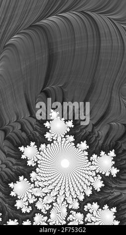 Künstlerischer und phantasievoller, digital gestalteter abstrakter 3D-Fraktalhintergrund in Schwarz und Weiß Stockfoto