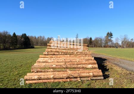 Holzfällerplatz oder Holzfällerplatz mit Haufen von gefällten Bäumen oder Baumstämmen, Holzstapel in der Nähe eines Waldes, Entwaldung in Deutschland, Europa Stockfoto