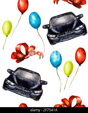 Nahtloses Muster von Hand gezeichneten Aquarell schwarz Auto mit weihnachtsbaum und Geschenke. Stockfoto