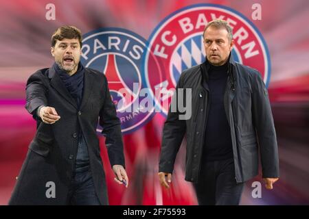 Fotomontage; Vorschau auf das Champions-League-Viertelfinale des FC Bayern München-Paris Saint Germain am 7. April 2021. Der FC Bayern München und sein Trainer Hans Dieter Flick (Hansi) werden im CL-Viertelfinale mit Trainer Mauricio POCHETTINO (links) gegen Paris Saint Germain antreten. Weltweite Nutzung Stockfoto