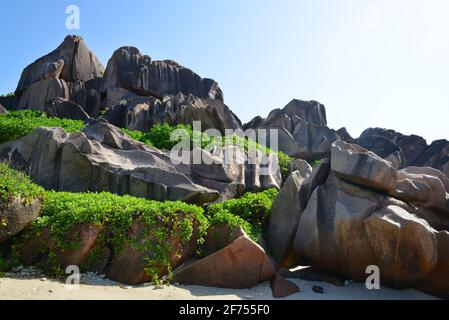 Große Granitfelsen in der Nähe von Anse Songe. La Digue Island, Seychellen. Stockfoto