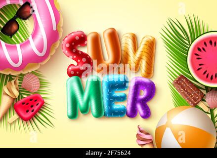 Sommer Ballon Text Vektor-Design. Sommer 3d Text Luftballons in gelbem Hintergrund mit Strandelementen für Urlaub in der Ferienzeit. Vektorgrafik. Stock Vektor