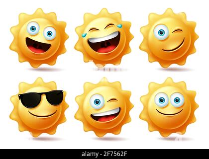 Vektorset für Sonnenzeichen. Sun Emoticon Kollektion in verschiedenen Gesichtsausdrücken für ein heißes tropisches Sommerdesign. Vektorgrafik. Stock Vektor