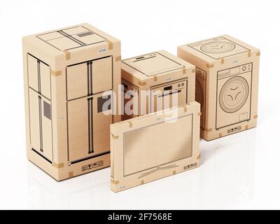 Boxen für Haushaltsgeräte auf weißem Hintergrund isoliert. 3D-Illustration. Stockfoto