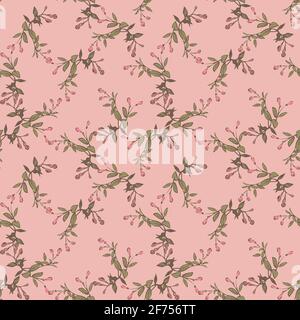 Handgezeichnete Blüte grüne Zweige mit rosa Blumen, floral nahtlose Muster abstrakten Hintergrund Tapete Vektor. Line Art botanische Verpackung illustrat Stock Vektor