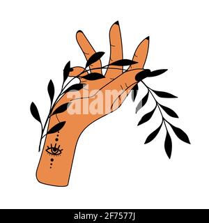 Handgezeichnete Hand mit magischen Symbolen, magische astrologische Symbole Vektor-Illustrationen. Kann Tattoo Design, mystisches esoterisches Symbol verwenden. Stock Vektor