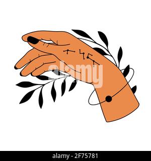Handgezeichnete Hand mit magischen Symbolen, magische astrologische Symbole Vektor-Illustrationen. Kann Tattoo Design, mystisches esoterisches Symbol verwenden. Stock Vektor