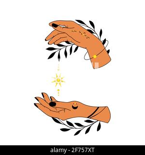 Sammlung von handgezeichneten Händen. Magische astrologische Symbole Vektor-Illustrationen. Kann Tattoo Design, mystisches esoterisches Symbol verwenden. Stock Vektor