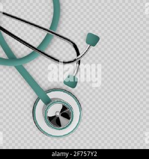 Stothoscope 3d-Rendering. Medizinische Geräte. Diagnostik der Herz- und Lungengesundheit. Bannerkonzept für das Gesundheitswesen. Vektor auf transparentem Hintergrund isoliert Stock Vektor