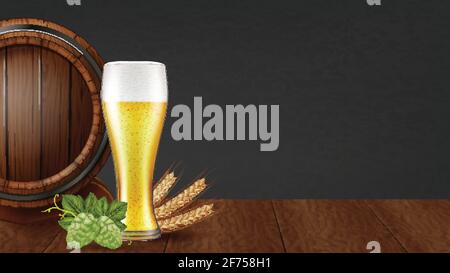 Ein Glas Bier, Holzfass, frischer Hopfen und reife Gerste. Fotorealistische Vektordarstellung. Stock Vektor