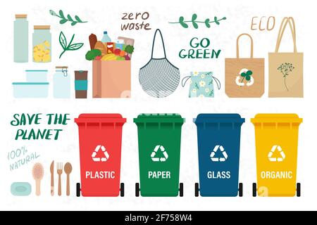 Zero Waste Set mit verschiedenen Objekten, um den Planeten zu retten. Vektorgrafik in flachem Stil, isoliert auf weißem Hintergrund Stock Vektor