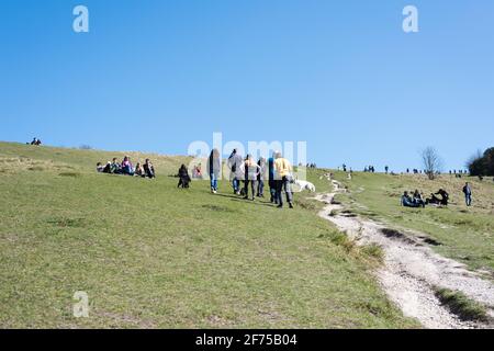 Besucher des Boxhill National Trust auf dem Gipfel der North Downs Trekking und Entspannung bei sonnigem Wetter während der Osterferien 2021 in Surrey, England Stockfoto