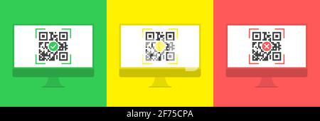 Geschäftssymbole und -Techniken – QR-Codes vollständig, Warnung, Fehler auf Desktop-PC Stock Vektor