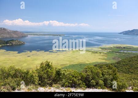 Panorama des Skadarsees mit Bergen rund um den See. Der Skadarsko jezero ist ein Nationalpark in Montenegro, Europa Stockfoto