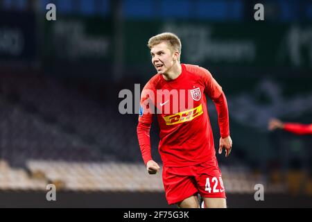 Farum, Dänemark. April 2021. Oliver Antman (42) vom FC Nordsjaelland punktet und feiert beim 3F Superliga-Spiel zwischen FC Nordsjaelland und Aarhus GF in Right to Dream Park in Farum. (Foto: Gonzales Photo – Dejan Obretkovic). Stockfoto