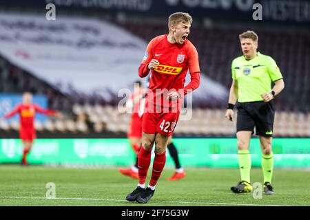 Farum, Dänemark. April 2021. Oliver Antman (42) vom FC Nordsjaelland punktet und feiert beim 3F Superliga-Spiel zwischen FC Nordsjaelland und Aarhus GF in Right to Dream Park in Farum. (Foto: Gonzales Photo – Dejan Obretkovic). Stockfoto