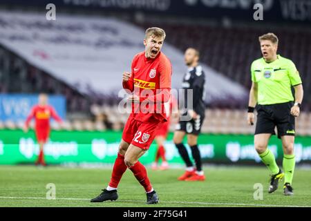 Farum, Dänemark. April 2021. Oliver Antman (42) vom FC Nordsjaelland punktet und feiert beim 3F Superliga-Spiel zwischen FC Nordsjaelland und Aarhus GF in Right to Dream Park in Farum. (Foto: Gonzales Photo – Dejan Obretkovic). Stockfoto